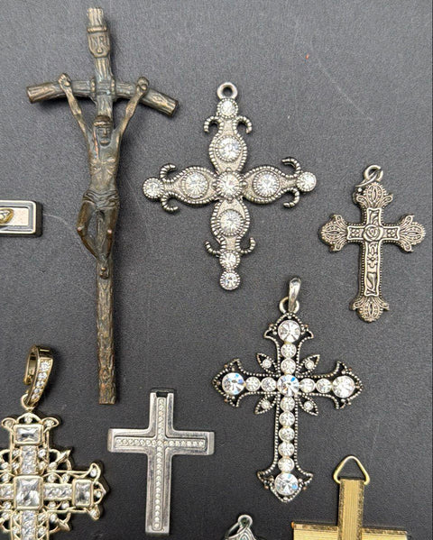 Mixed Cross and Crucifix Pendant Jewelry Lot 15 Pieces Vintage to Modern