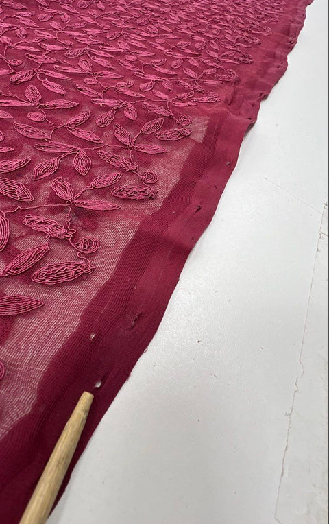 Vintage Burgundy Sheer Mesh Soutache Leaf Embroidered Fabric 186" x 40" 5 Yds