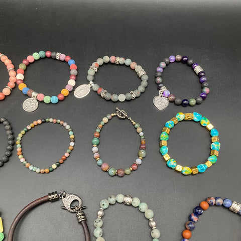 Religious Beaded Natural Stone Bracelet Lot of 19 Saint Medals Lava Rock Om