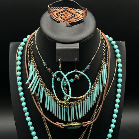 Southwestern Western Costume Jewelry Lot Turquoise Tone Necklaces Earrings 20+