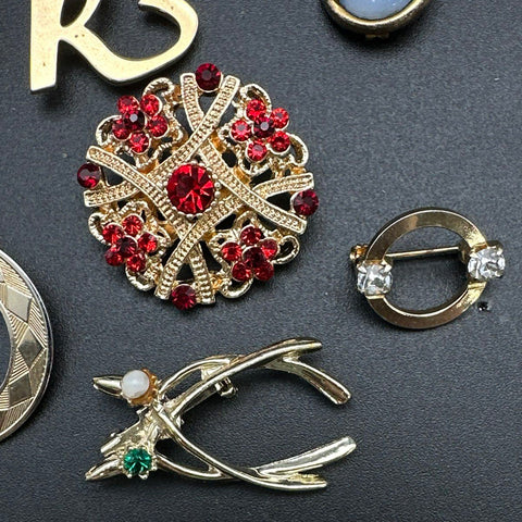 Vintage to Modern Costume Jewelry Lot 11pc Gold Tone Brooches Rhinestone Enamel