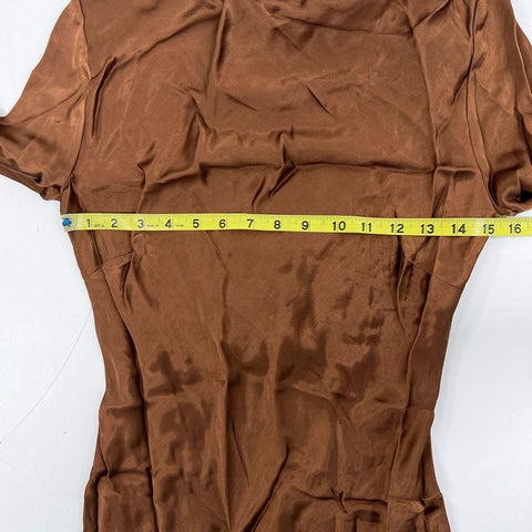 Anthropologie Women's Brown Satin Long Bell Sleeve Back Tie Mini Dress NWT Sz XS