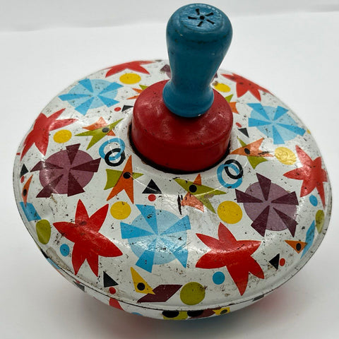 Vintage Ohio Art Tin Litho Spinning Top Lot 2 Piece Train Geometric Mid-Century