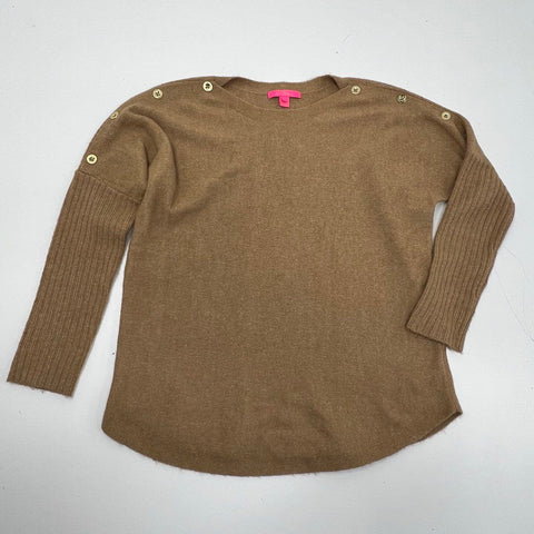 Lilly Pulitzer Women's Simora Sweater Tan Gold Button Shoulder Crewneck Size M