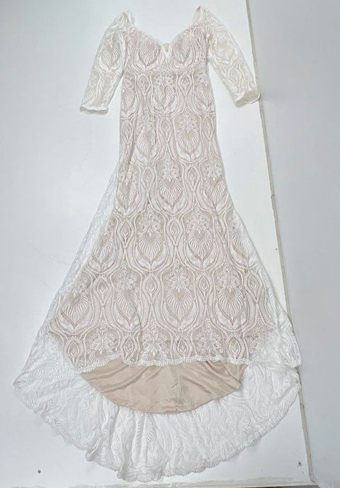 Unbranded White Ivory Floral Lace Long Sleeve Mermaid Gown Dress Women's S