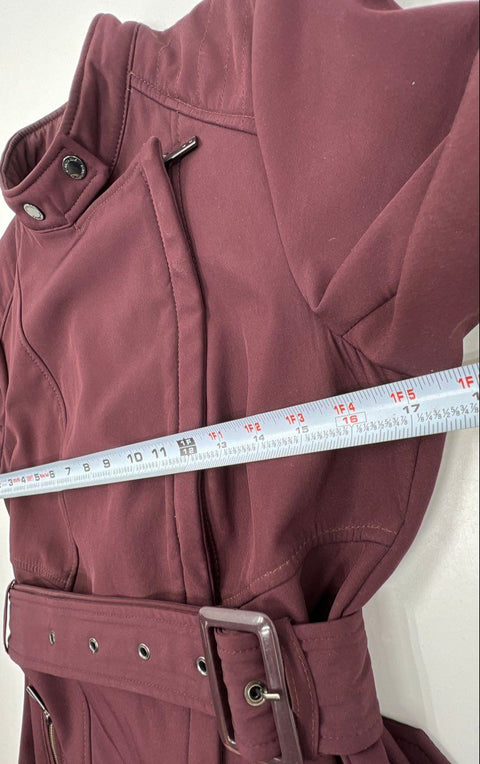 Kenneth Cole Women's Burgundy Softshell Asymmetrical Zip Belted Trench Coat Sz S