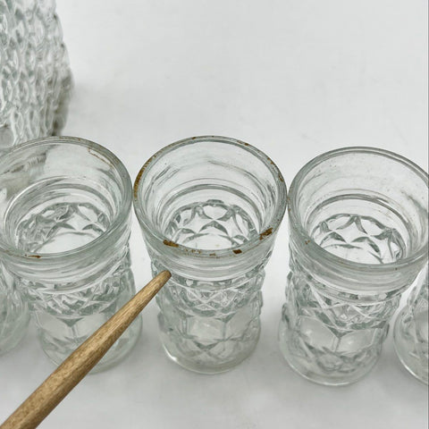 Vintage Pressed Glass Decanter Set 7 Piece Clear Block Diamond Point Barware