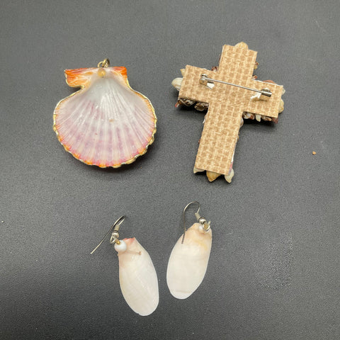 Natural Shell Jewelry Lot 6 Necklaces Cross Brooch Earrings Pendant Beachy 9pc
