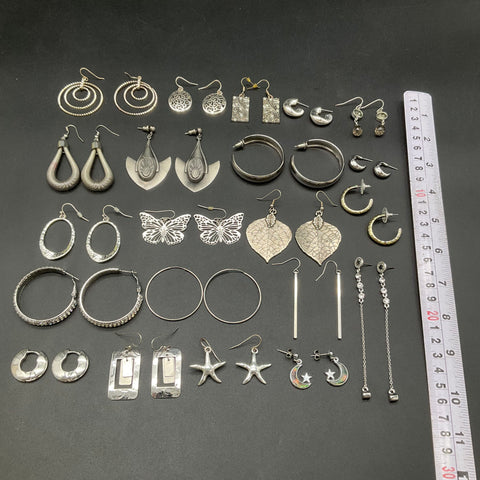 Vintage & Modern Costume Jewelry Lot 22 Pairs Earrings Hoops Dangles Silver Tone
