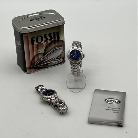 Vintage Fossil Blue AM-3099 Stainless Steel Women's Watches Lot w/ Tin