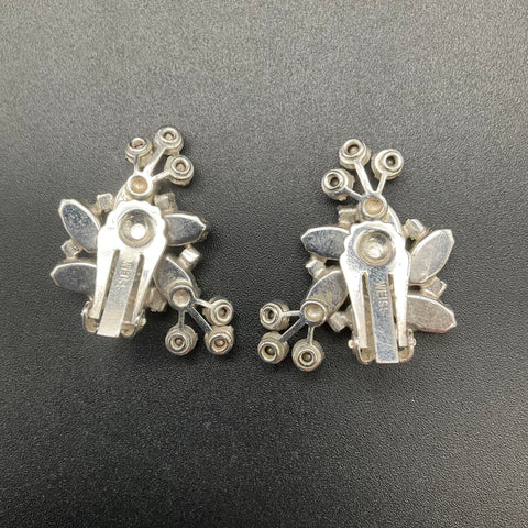 Vintage Weiss Silver Tone Blue Rhinestone Spray Clip On Earrings