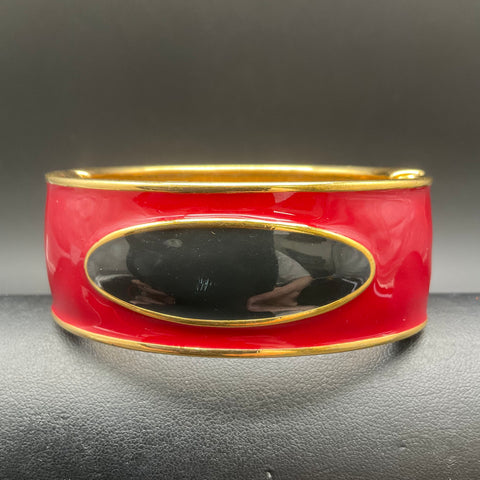 Vintage Monet Gold Tone Red Black Enamel Chunky Hinged Bangle Bracelet