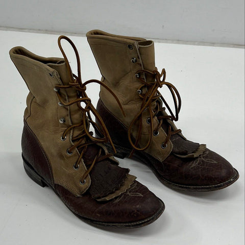 Vintage Justin L353 Two Tone Brown Leather Kiltie Roper Lacer Boots Womens 7.5B