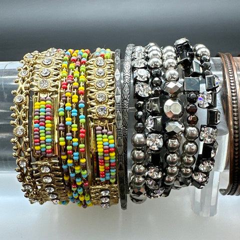 Fashion Costume Jewelry Lot 18 Bangles Cuffs Rhinestone Beaded Boho Mixed Tone