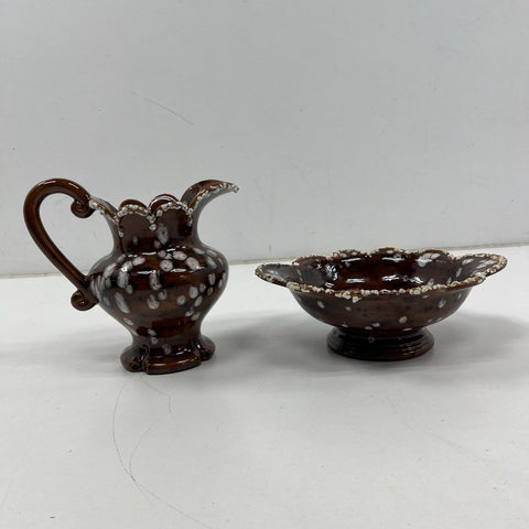 Bowland Pitcher and Basin Set Brown White Frosted Glaze Ceramic 2 Piece Vintage