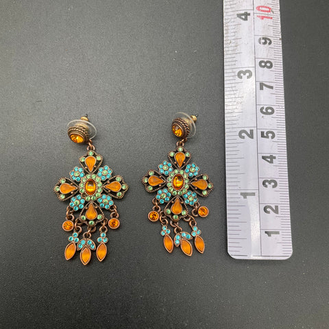 Vintage Joan Rivers Copper Tone Amber Teal Rhinestone Byzantine Drop Earrings 3"