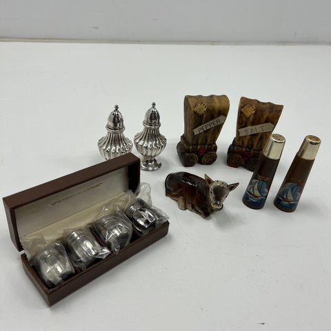 Vintage Salt & Pepper Shaker Lot Silver Plate Wood Ceramic 5 Sets NOS Boxed