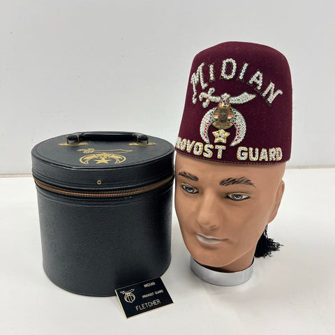 Vintage Shriners Masonic Fez Hat Red Midian Provost Guard Rhinestone w/ Case