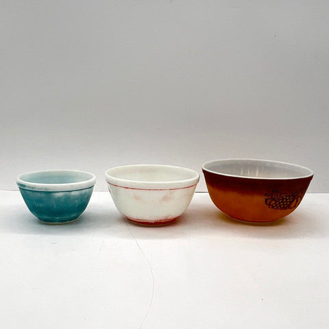 Pyrex 3 Piece Mixing Bowl Lot 401 Turquoise 402 Red Stripe 403 Old Orchard