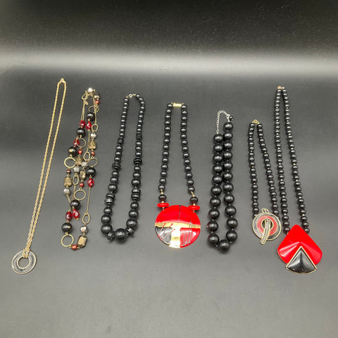 Vintage Red Black Gold Tone Statement Necklace Jewelry Lot of 7 Retro Pieces