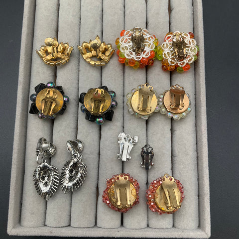 Vintage Clip On Earrings Jewelry Lot of 14 Rhinestone Beaded Cluster Mixed Style