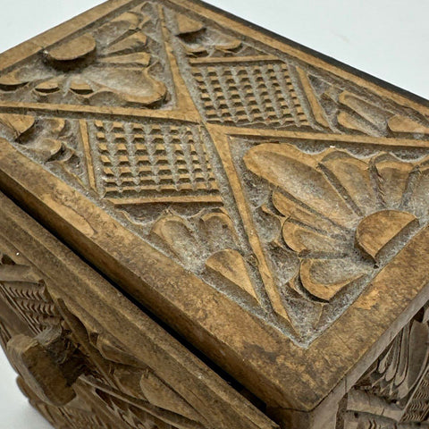 Vintage Hand Carved Wood Jewelry Trinket Box 2 Drawer Folk Art Ornate Chest