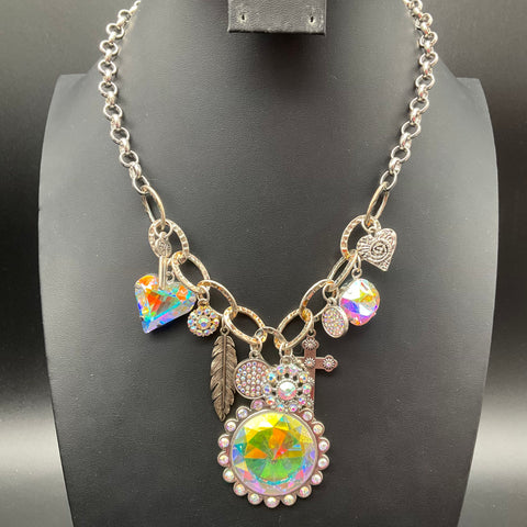 Sandra Ling Signed Silver Tone AB Crystal Chunky Statement Charm Necklace