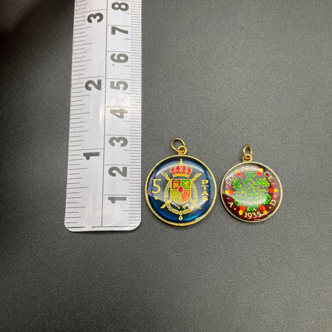 Vintage Enameled Coin Pendants 1935 British Sixpence 1975 Spanish 5 Pesetas