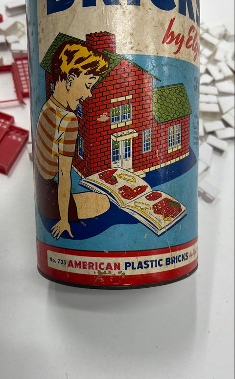 Vintage 50s Elgo American Plastic Bricks Building Block Toy Set w/ Canister