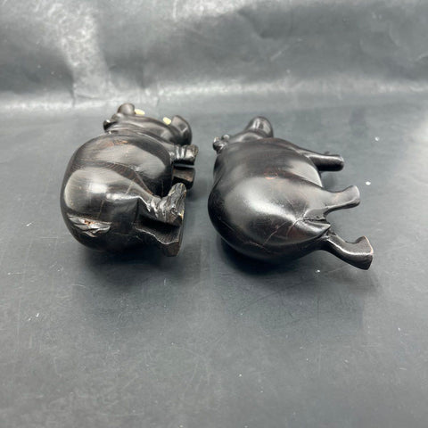 Vintage Hand Carved Hardwood Hippo Figurines Set of 2 African Art Open Mouth