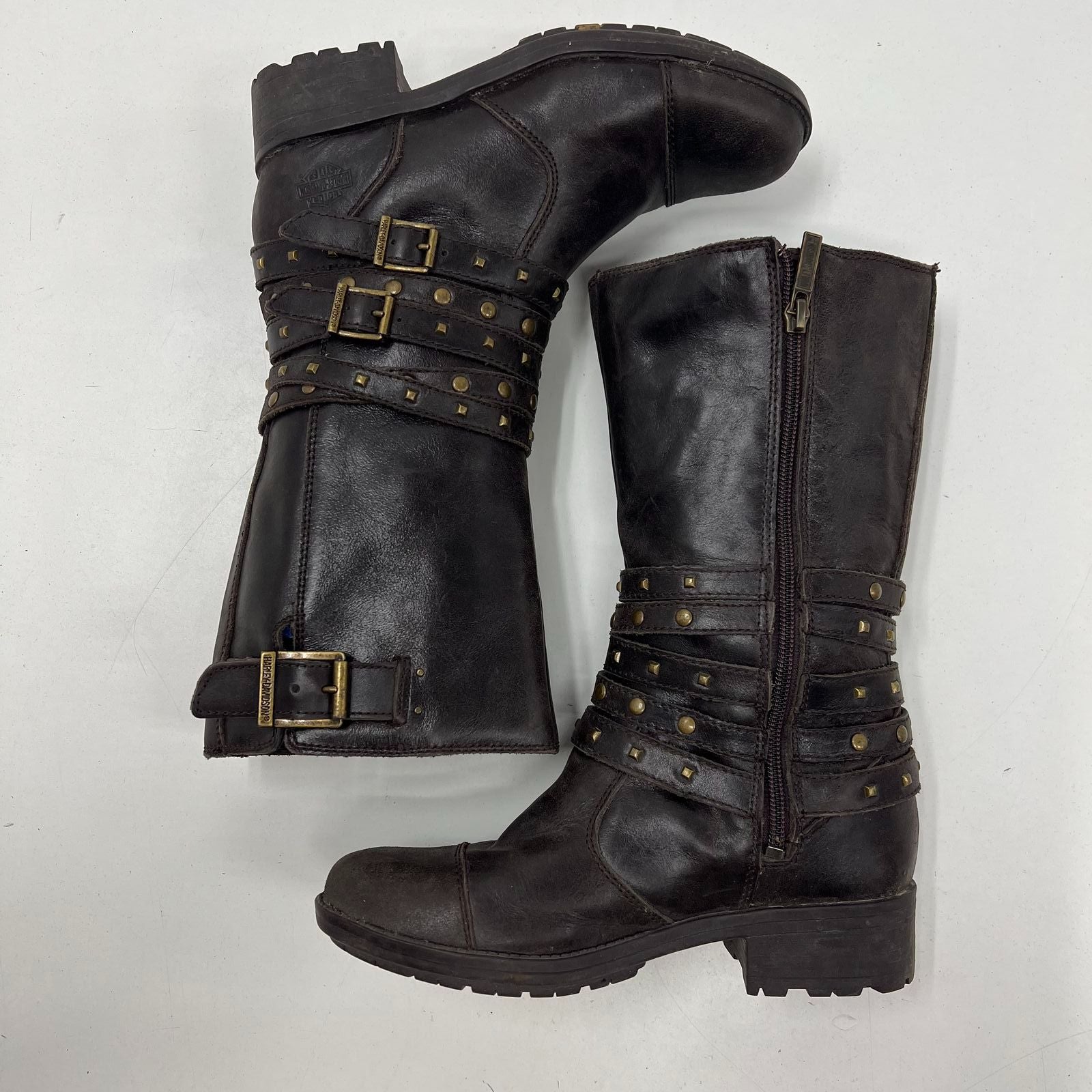 Harley-Davidson Robbie Brown Leather Studded Moto Biker Boots Womens Sz 5.5