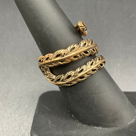 Barse Bronze Tone Feather Wrap Bypass Ring Size 7 Adjustable Thailand