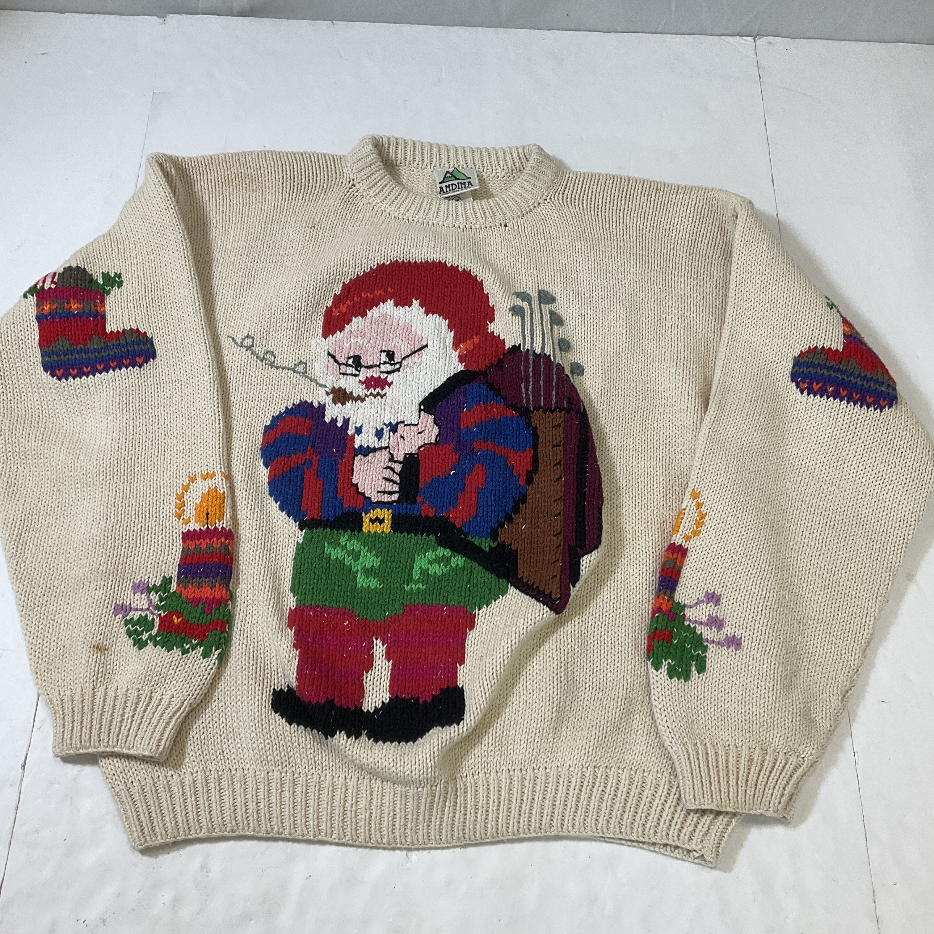 Andina Beige Santa Golfer Christmas Sweater Handmade in Peru Women's M Vintage