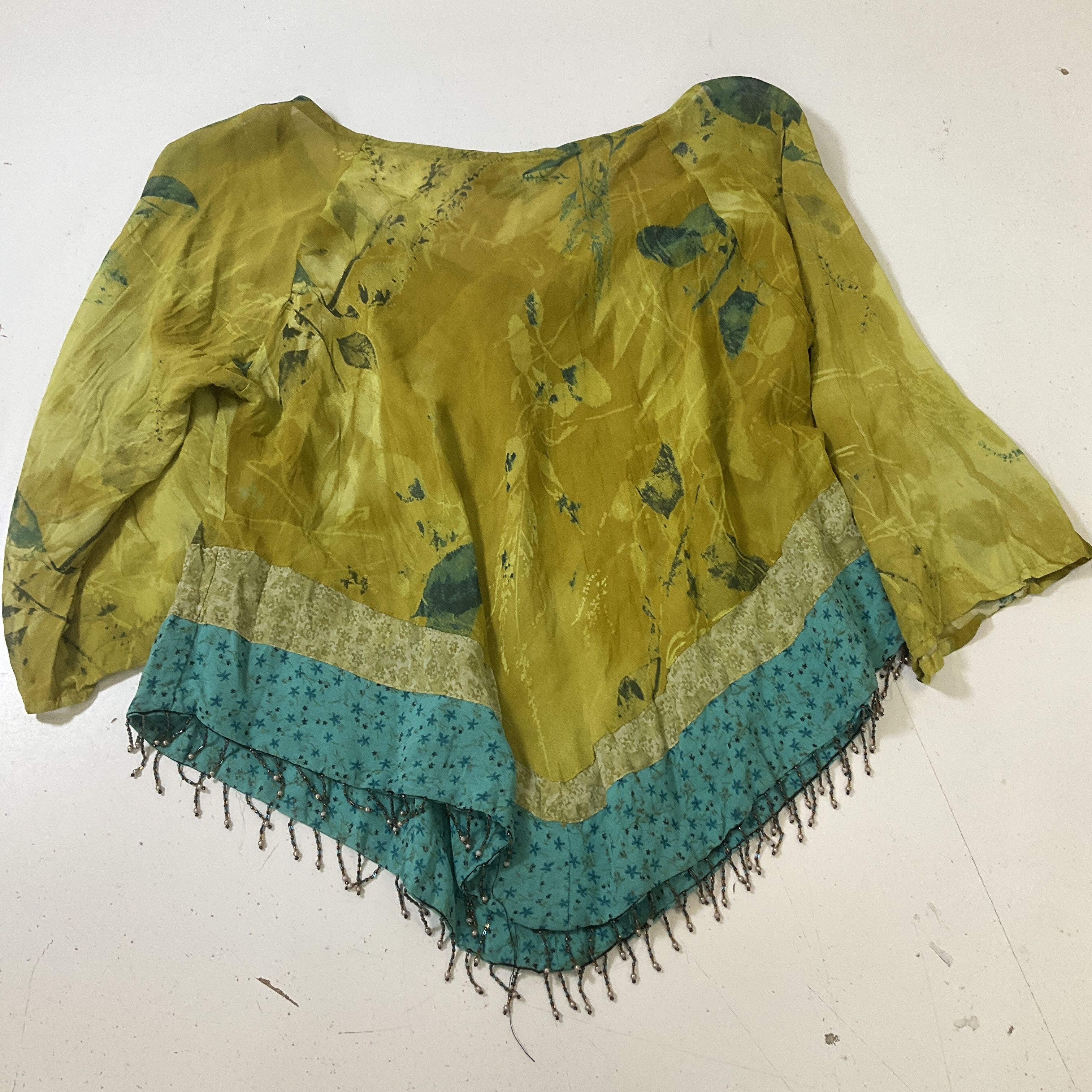 Carole Little Women's Green Beaded Hem Boho Semi Sheer Top Size 12P Vintage