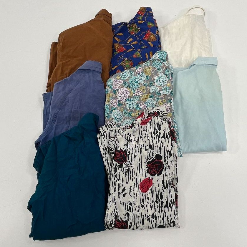 Vintage Lot 8 Womens Button Up Blouses Shirts Mixed Color Craft Scrap Fabric