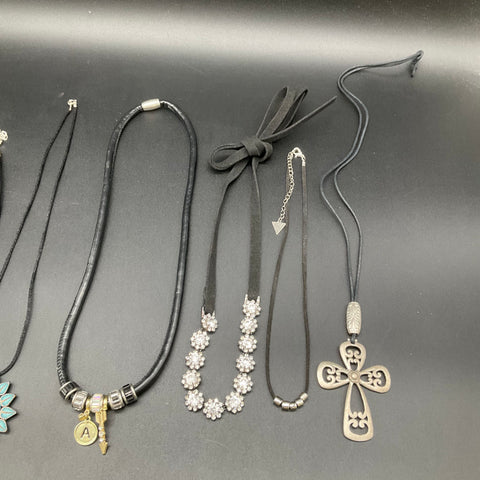 Fashion Costume Jewelry Lot 9 Necklaces Mixed Cord Leather Tone Cross Heart