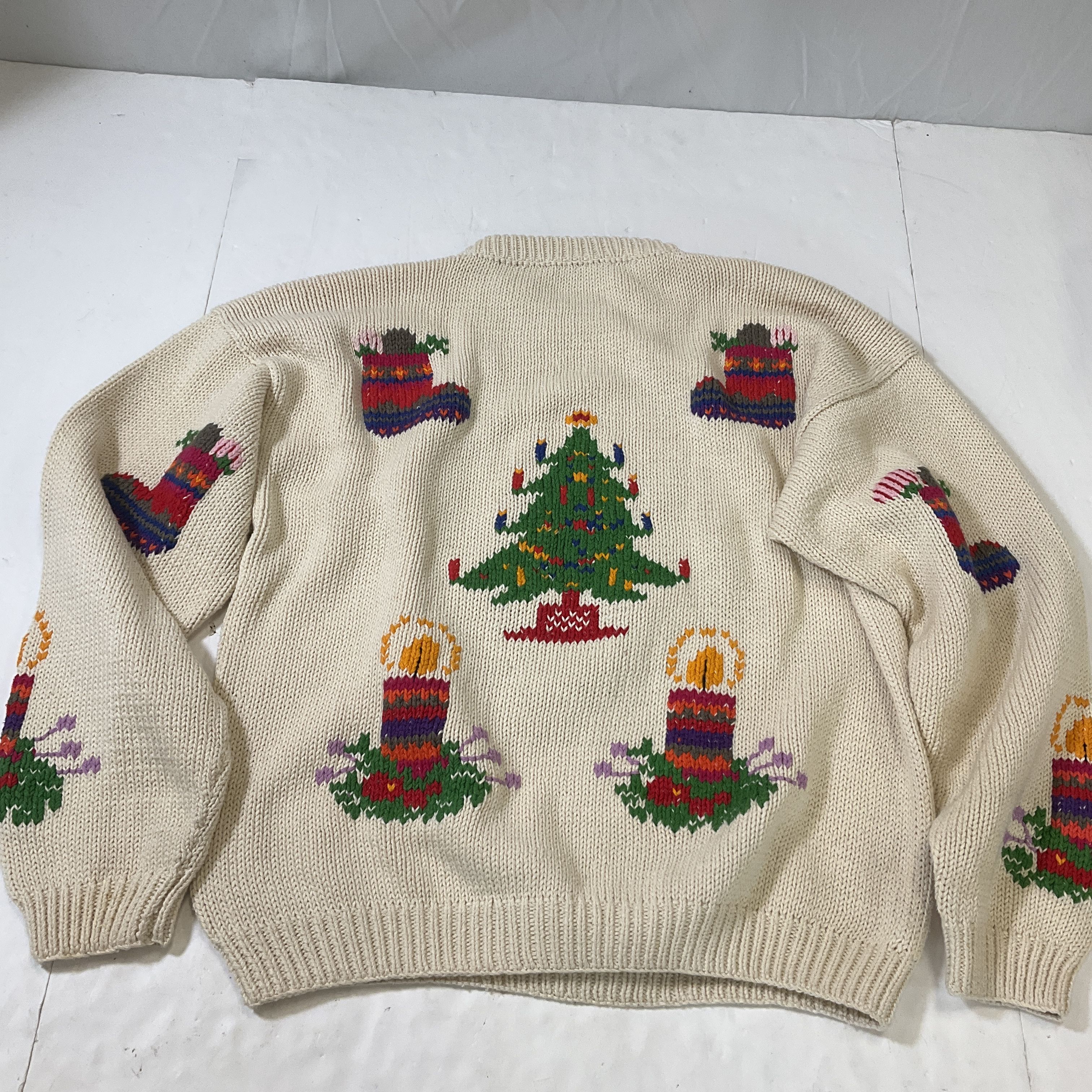 Andina Beige Santa Golfer Christmas Sweater Handmade in Peru Women's M Vintage