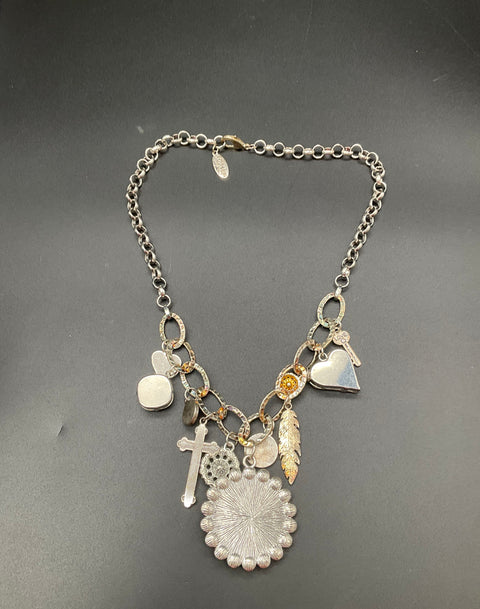 Sandra Ling Signed Silver Tone AB Crystal Chunky Statement Charm Necklace