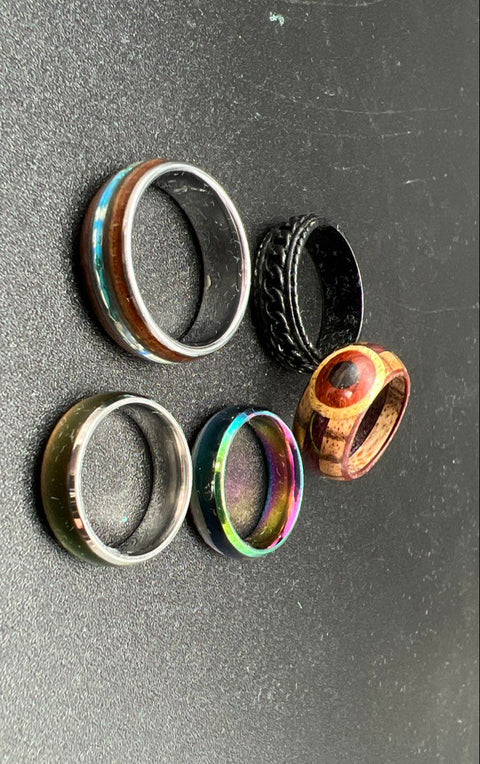 Lot of 5 Men's Fashion Ring Bands Wood Inlay Stainless Steel Rainbow Black