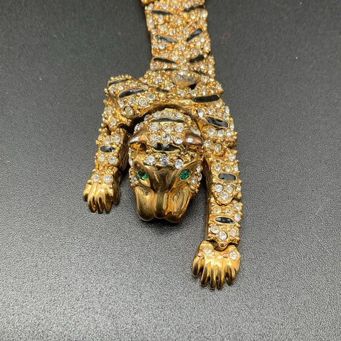Vintage Articulated Tiger Brooch Pave Rhinestone Black Enamel Over the Shoulder