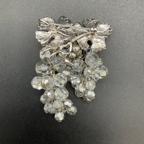 Vintage Silver Tone Crystal Grape Cluster Brooch & Clip-On Earrings Set