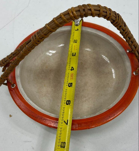 Vintage Japanese Hand Painted Ceramic Lidded Dish Bowl Caddy Wicker Handle 7.25"