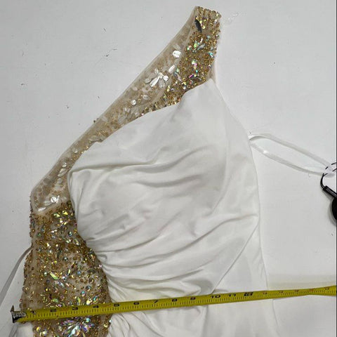 Cinderella Divine Women's Gown Dress Ivory Gold One Beaded Slit NWT Sz 14