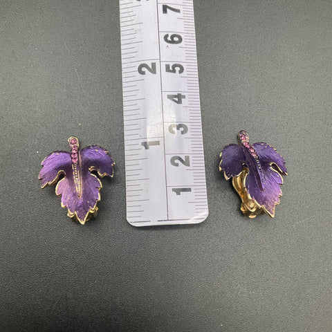 Vintage Purple Enamel Rhinestone Leaf Demi Parure Brooch Clip-on Earrings Set