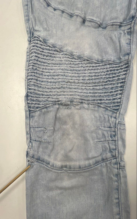 True Religion Men's Rocco Relaxed Skinny Light Wash Distressed Moto Jeans Sz 33