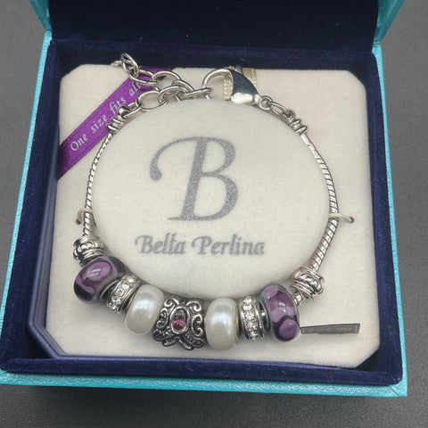 Bella Perlina Classic Charm Bracelet Purple Glass Beads Pearls Silver Tone