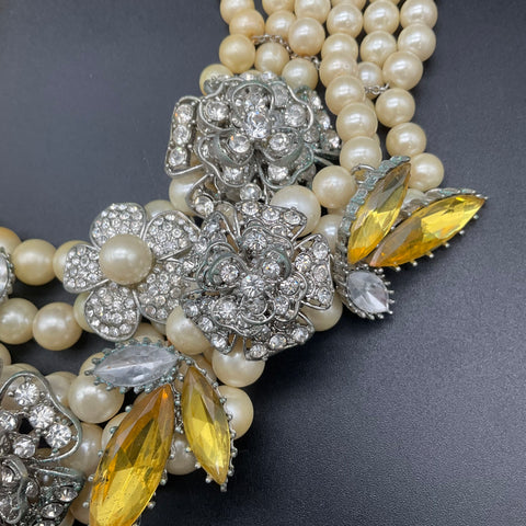 Betsey Johnson Silver Tone Multi Strand Faux Pearl Floral Statement Necklace 18"
