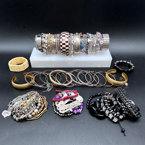 Mixed Style Costume Jewelry Lot of 70+ Gold Silver Tone Bangles Beaded Charms