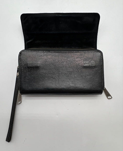Patricia Nash Black Map Embossed Leather Wristlet Wallet Clutch Bag