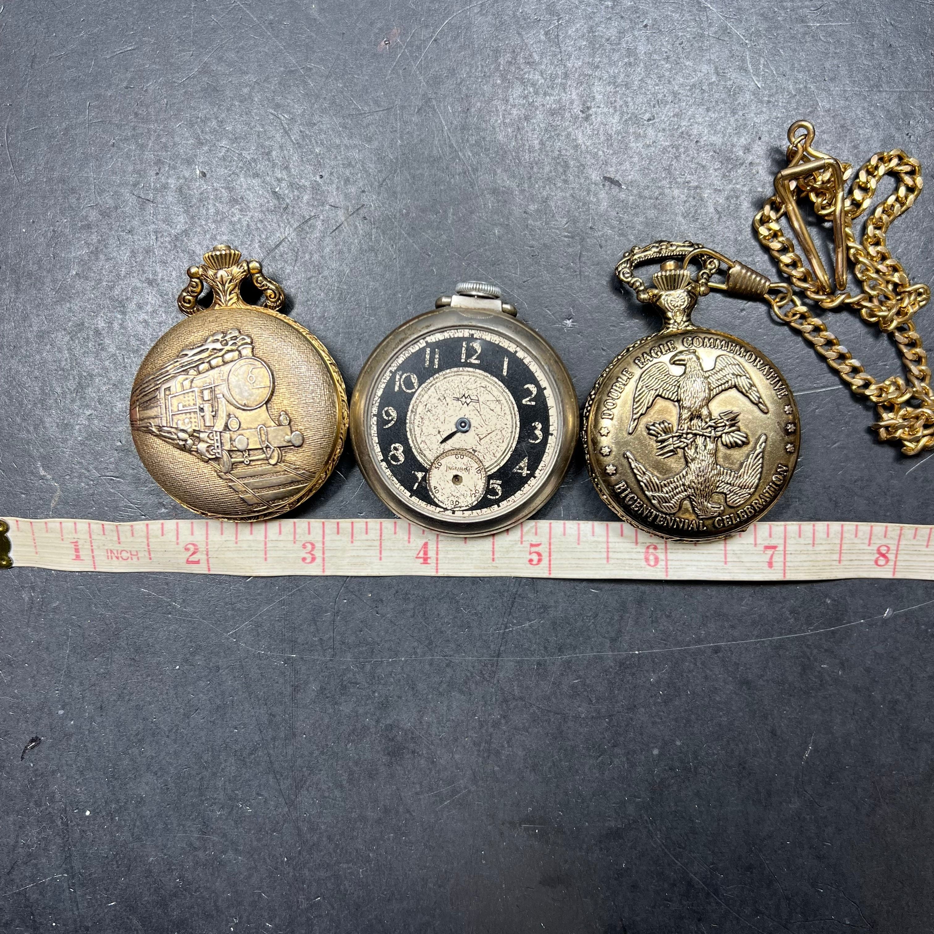 Lot of 3 Gold Tone Pocket Watches Fair Condition for Prop Repair Parts